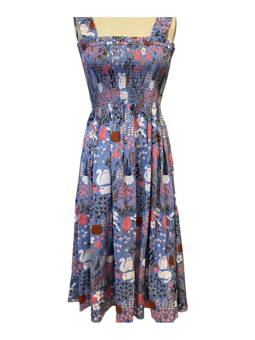 NEW Kate Spade Garden Posy Smocked Midi Dress Blue White Cat XS